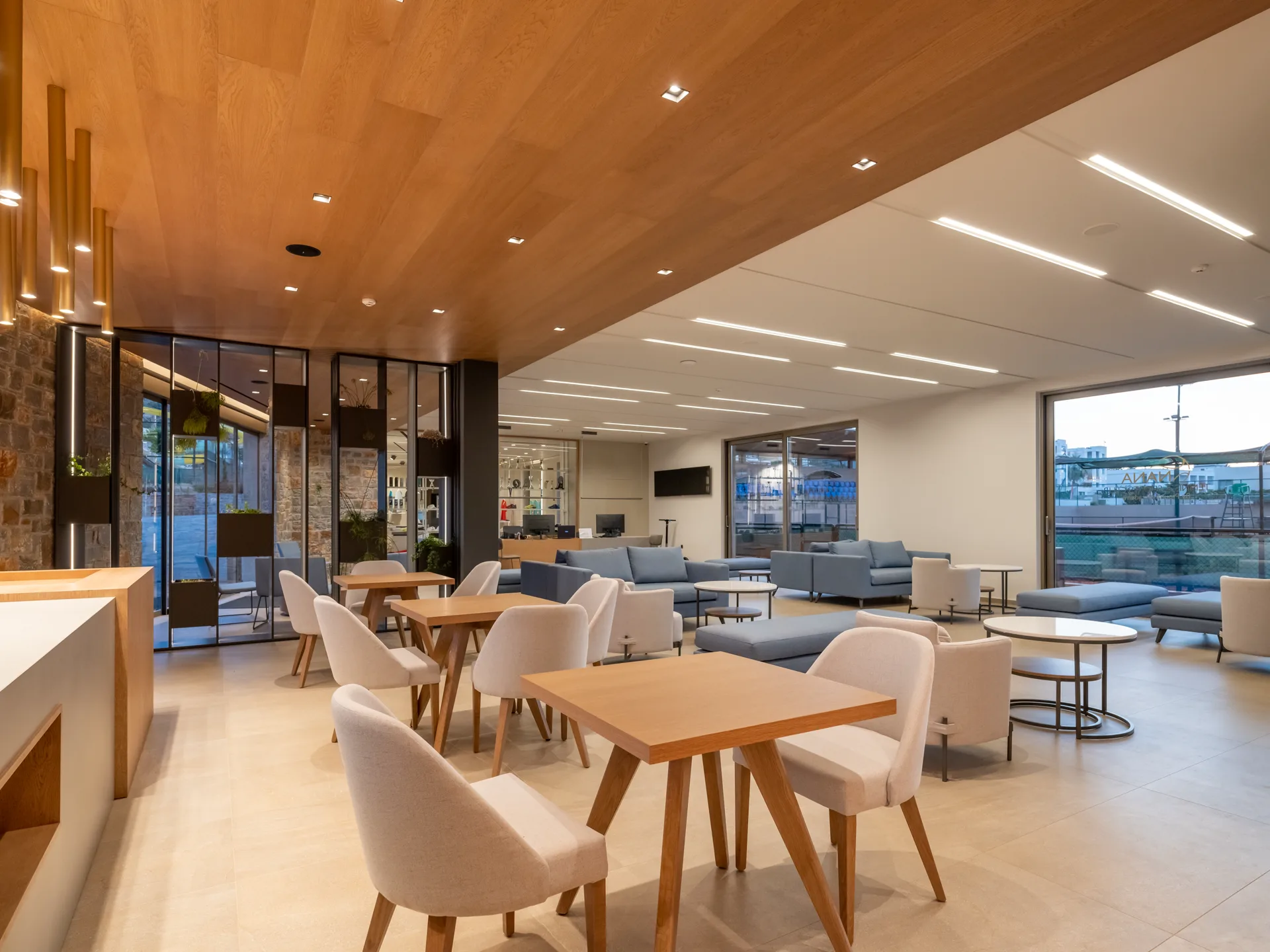 Seating and tables in the Nana Tennis and Sports Club clubhouse